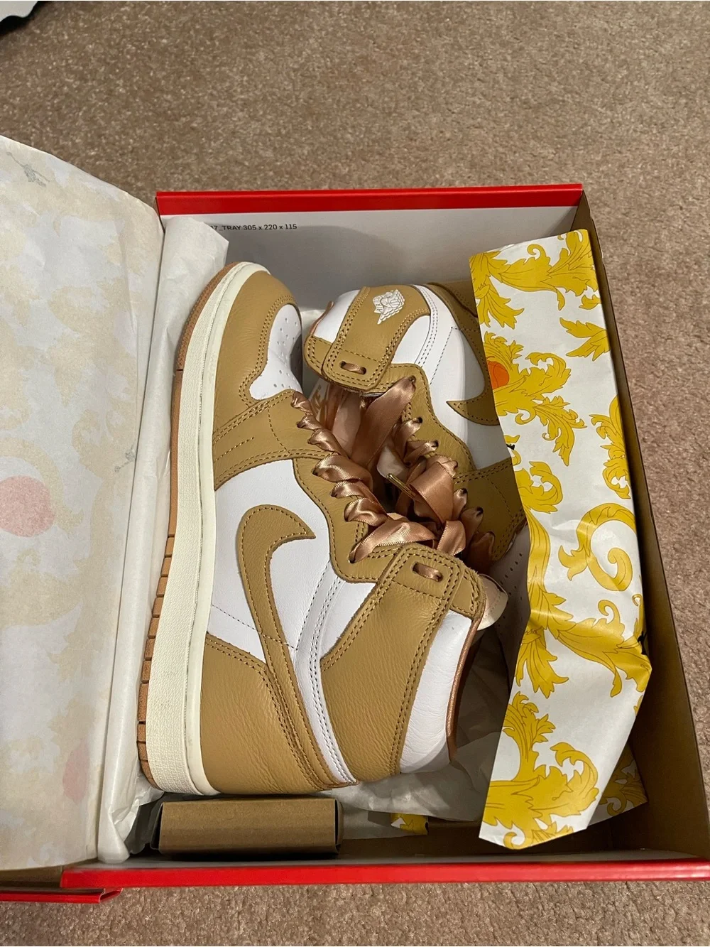 Retro Jordan 1 Nike Women’s High-Top Sneakers in White and Praline Rose Gold